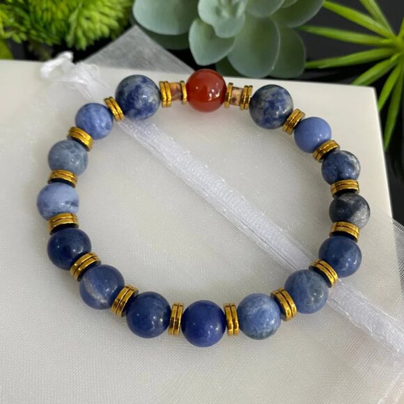 Hematite Gold Plated Sodalite & Carnelian Beaded Bracelet - Picture 4 of 4